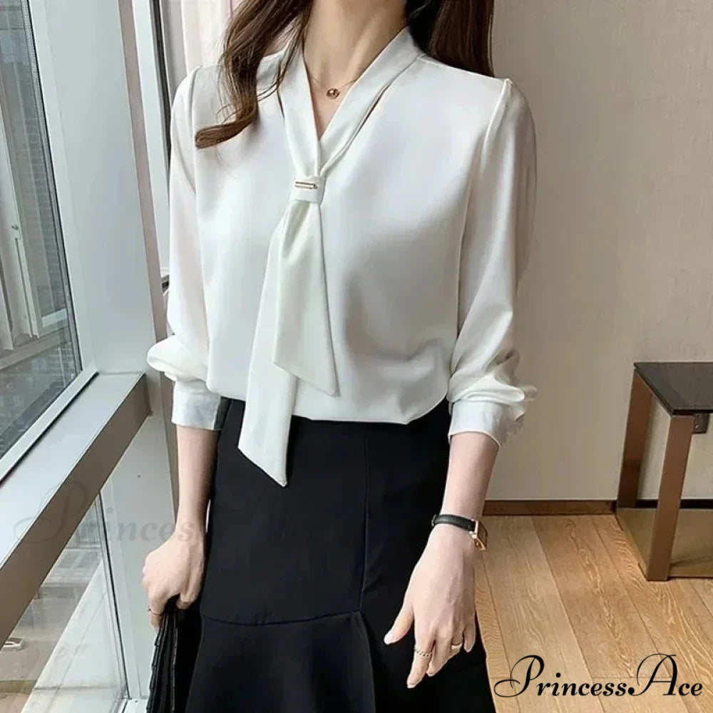 Sheer Plunging Neckline Bow Relaxed Full Sleeve Ivory Top