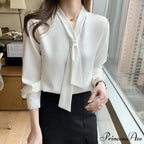 Sheer Plunging Neckline Bow Relaxed Full Sleeve Ivory Top