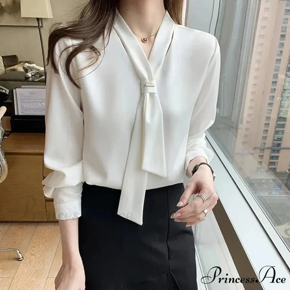 Sheer Plunging Neckline Bow Relaxed Full Sleeve Ivory Top