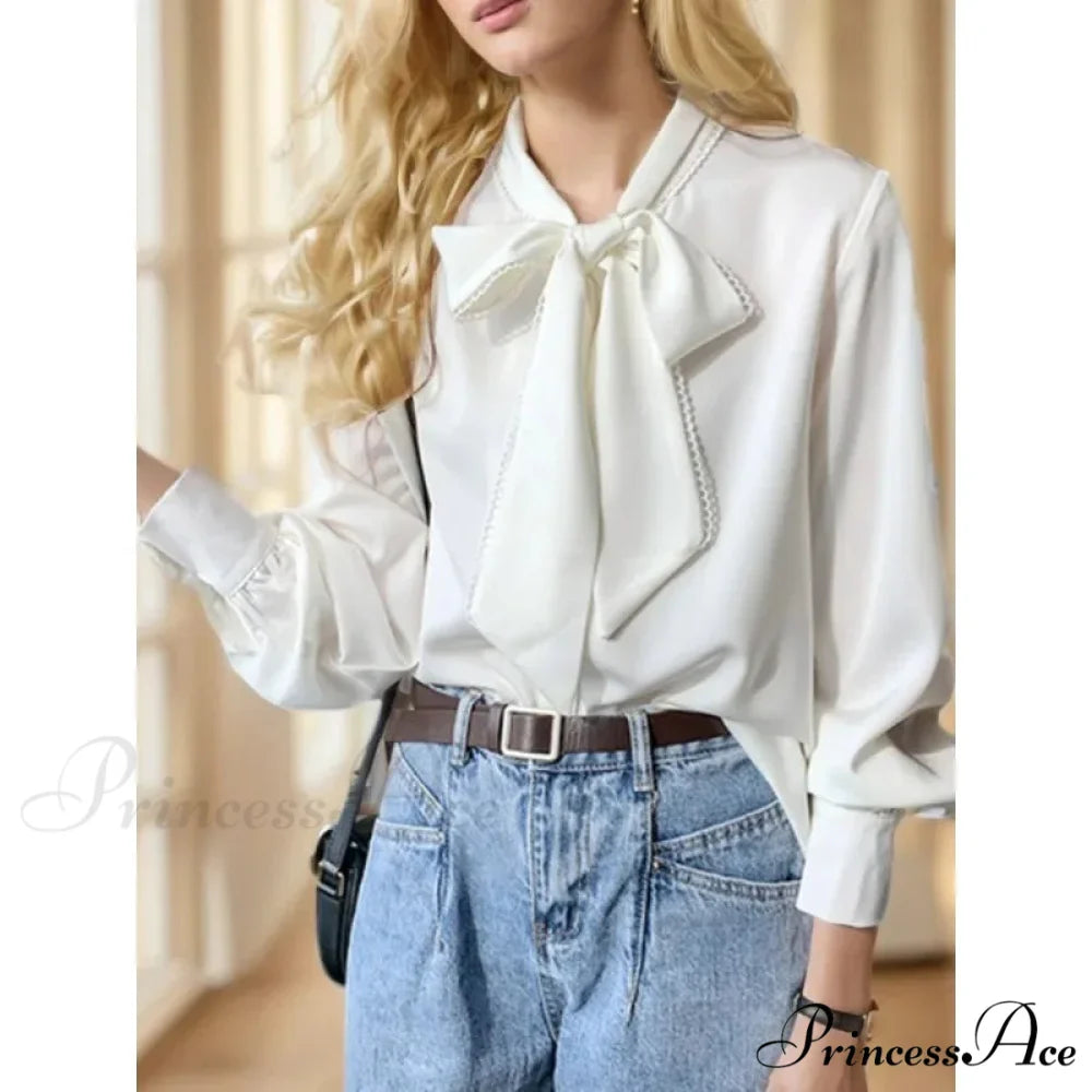 Sheer Ribbon Long Sleeve Workplace Blouse