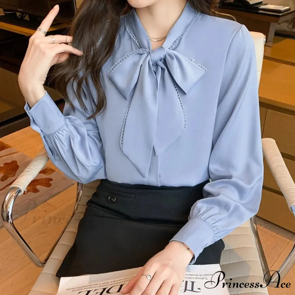 Sheer Ribbon Long Sleeve Workplace Blouse