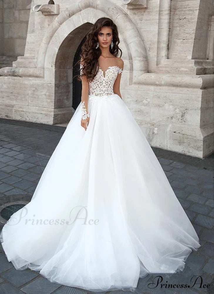 Sheer V-Neck Off-Shoulder Bridal Gown