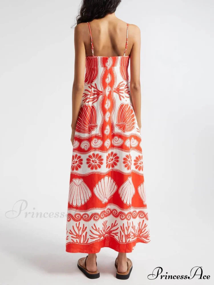 Shell Unique Print Front Graceful Lace-Up Loose Maxi Dress