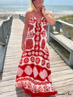 Shell Unique Print Front Graceful Lace-Up Loose Maxi Dress