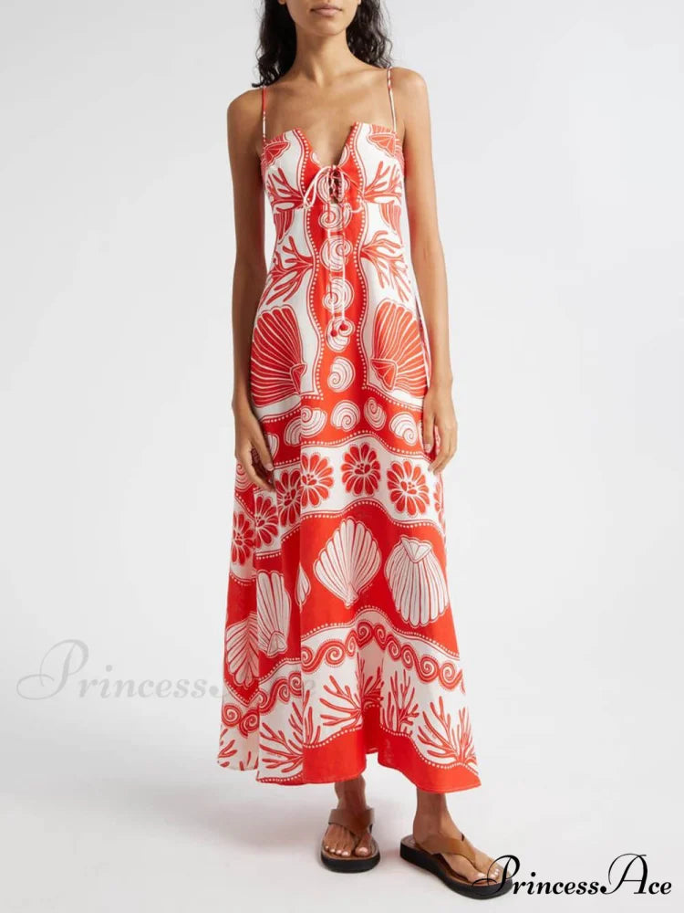 Shell Unique Print Front Graceful Lace-Up Loose Maxi Dress
