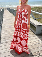 Shell Unique Print Front Graceful Lace-Up Loose Maxi Dress