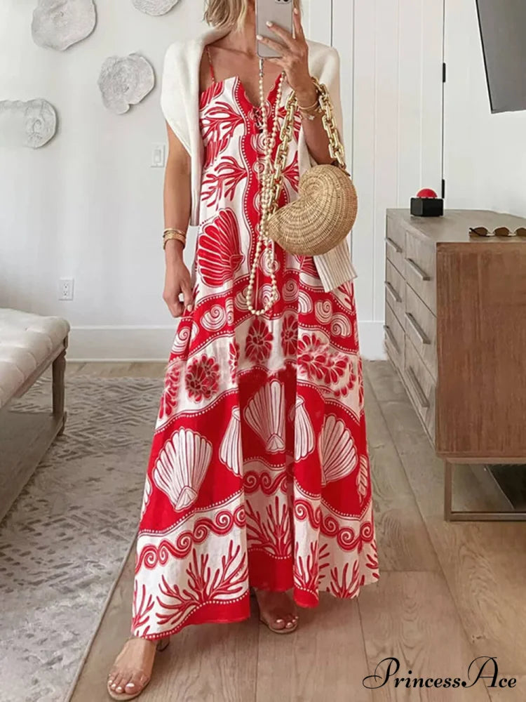 Shell Unique Print Front Graceful Lace-Up Loose Maxi Dress