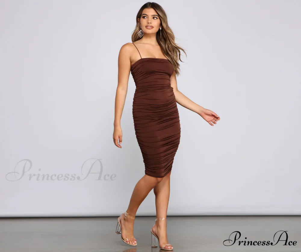 She's A Showstopper Charming Ruched Midi Dress