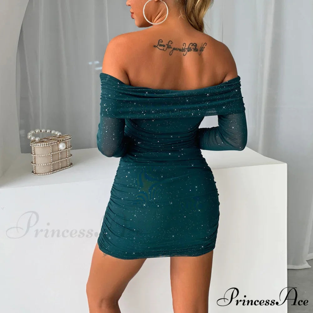 Shimmer Nights Off the Graceful Shoulder Glitter Mini Dress