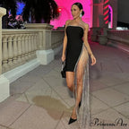 Shining Chain Slit Strapless Black Party Dress