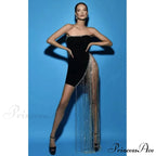Shining Chain Slit Strapless Black Party Dress