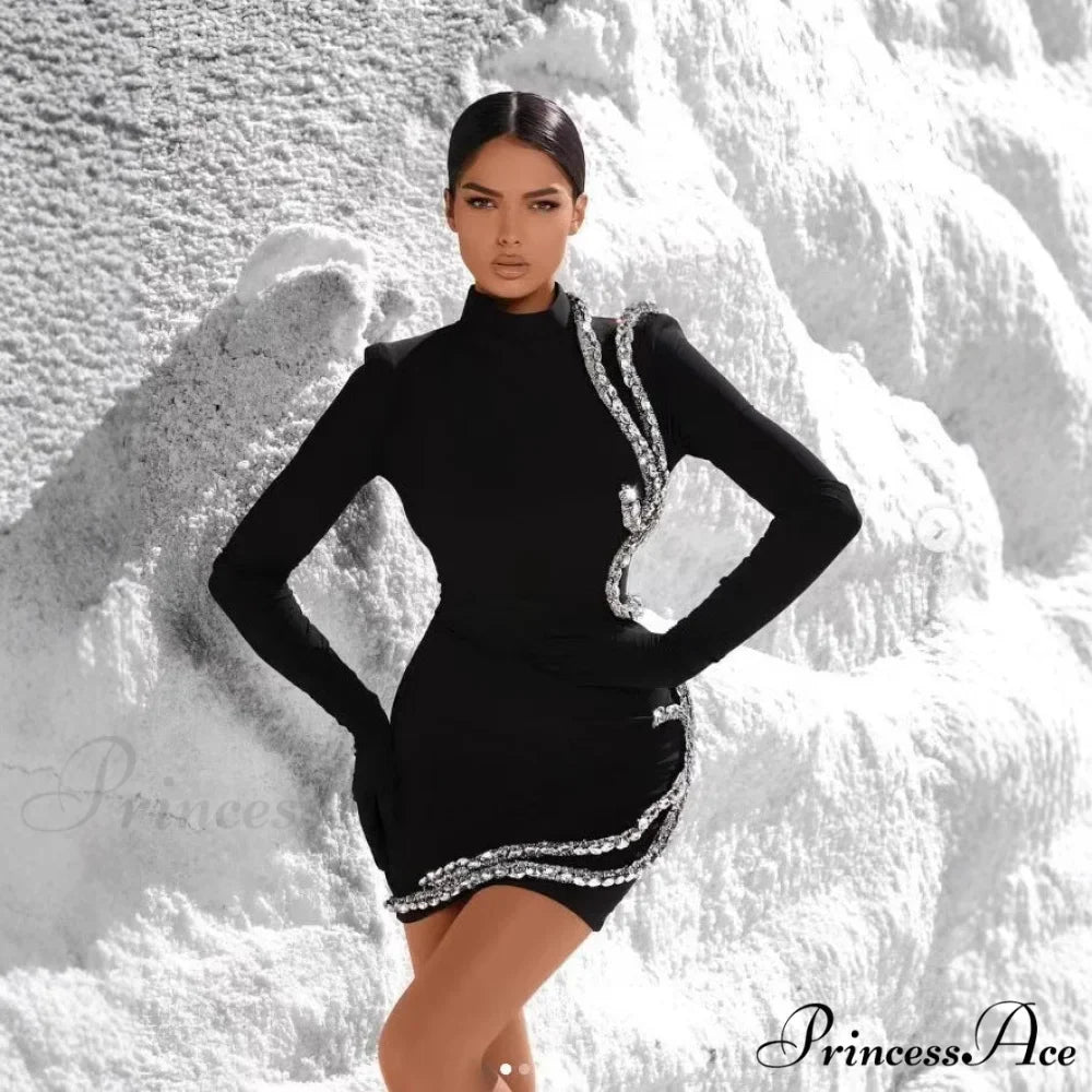 Shiny Gem High Collar Long Sleeve Prom Dress