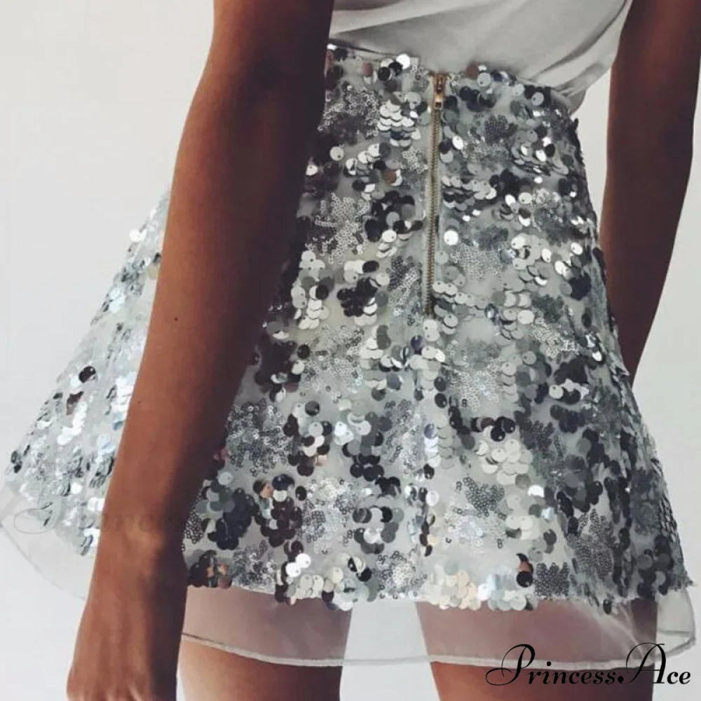 Shiny Glitter Sequins High Waist A Line Short Skirt