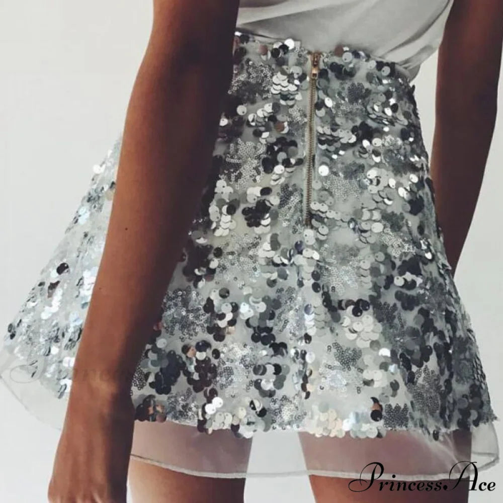 Shiny Glitter Sequins High Waist A Line Short Skirt