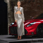 Shiny Rhinestone Net Cut Prom Dress