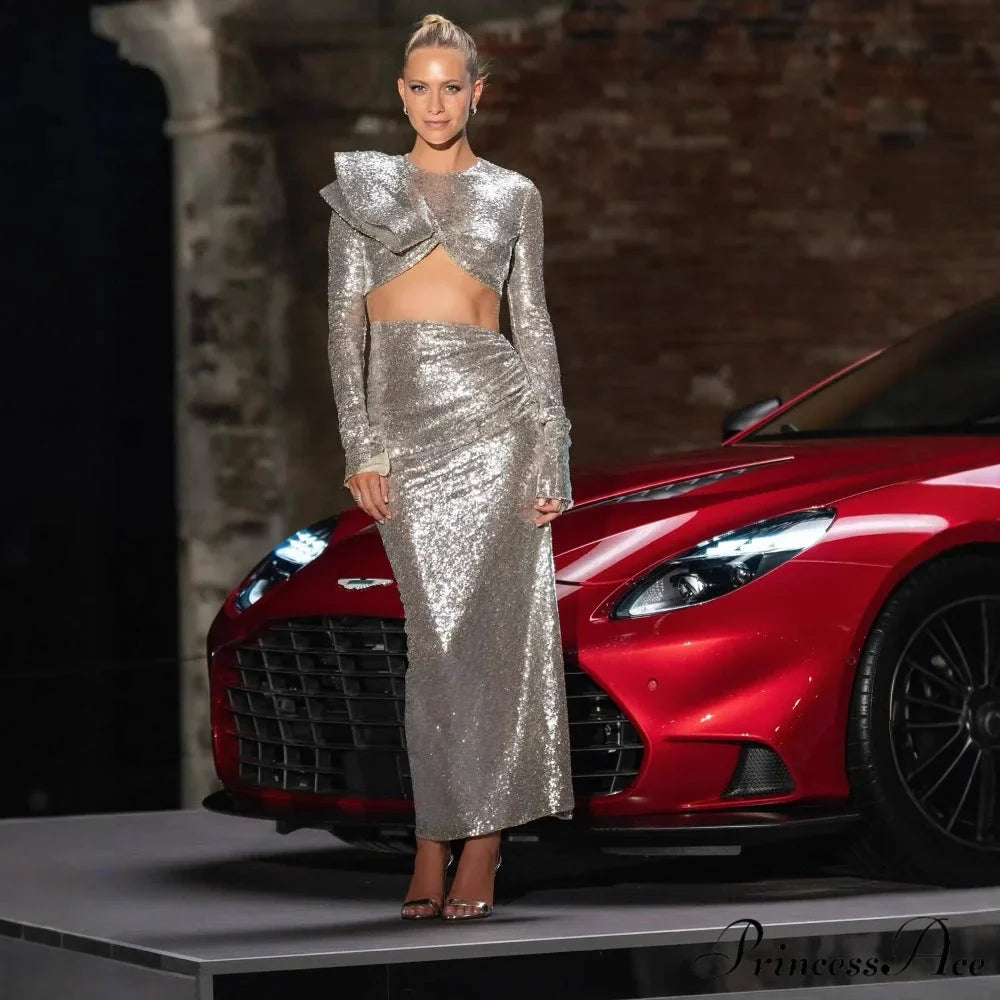 Shiny Rhinestone Net Cut Prom Dress