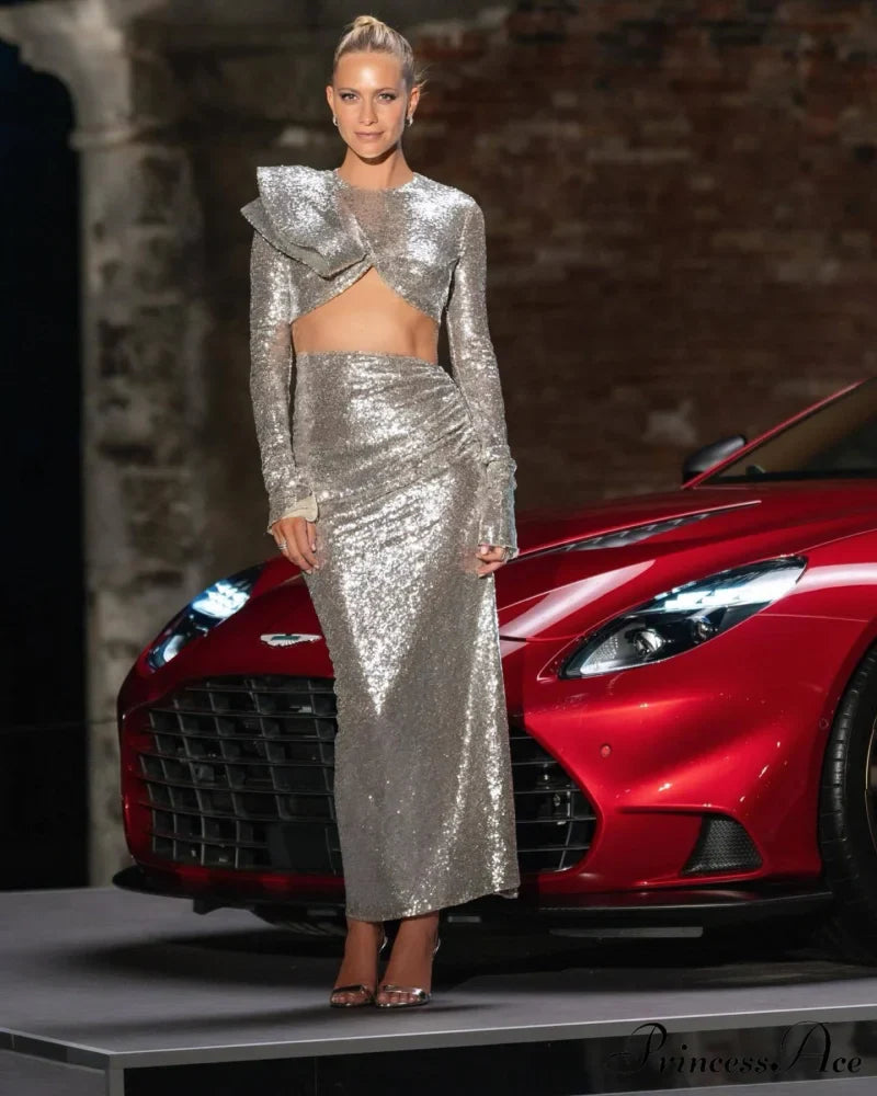 Shiny Rhinestone Net Cut Prom Dress