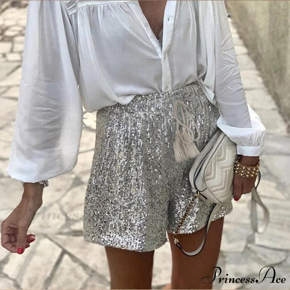 Shiny Sequin Pencil High Waist Mini Shorts