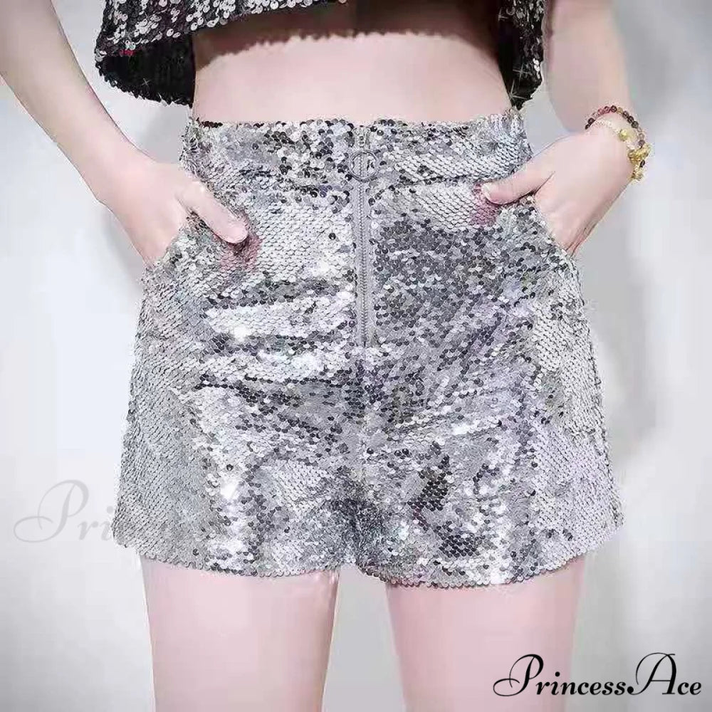 Shiny Sequin Pencil High Waist Mini Shorts