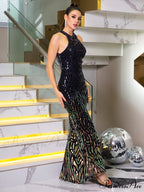 Shiny Sequined Slit Party Dress