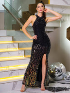Shiny Sequined Slit Party Dress