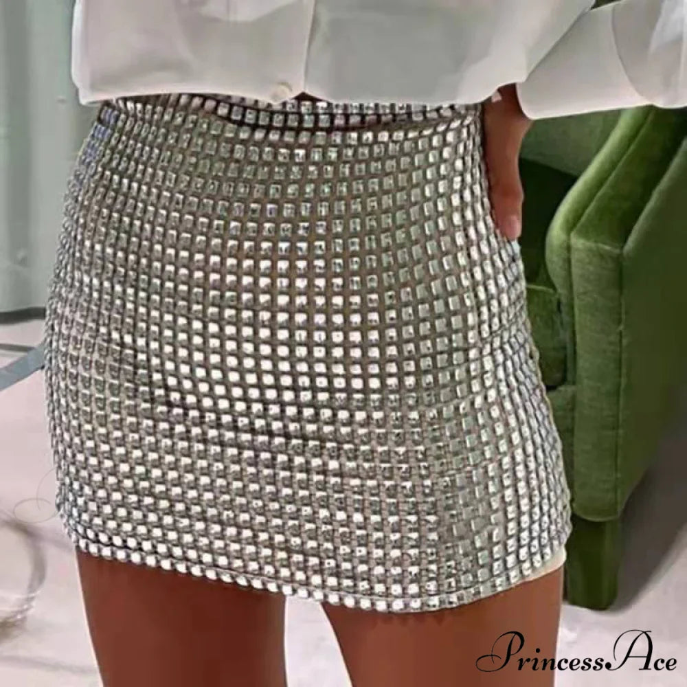 Shiny Sequins Chic Bodycon Solid Color Mini Skirt
