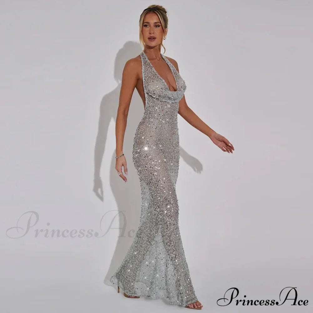 Shiny Sequins Deep V-Neck Halter Party Dress