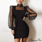 Shiny Silk Turtleneck Mesh Patchwork Long Sleeve A-line Dress