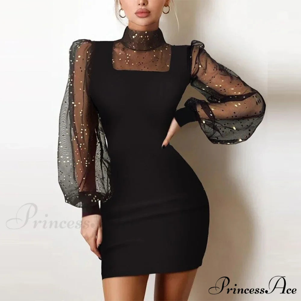 Shiny Silk Turtleneck Mesh Patchwork Long Sleeve A-line Dress
