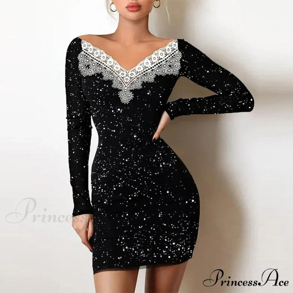 Shiny Silk Turtleneck Mesh Patchwork Long Sleeve A-line Dress