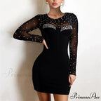 Shiny Silk Turtleneck Mesh Patchwork Long Sleeve A-line Dress