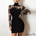 Shiny Silk Turtleneck Mesh Patchwork Long Sleeve A-line Dress