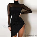 Shiny Silk Turtleneck Mesh Patchwork Long Sleeve A-line Dress