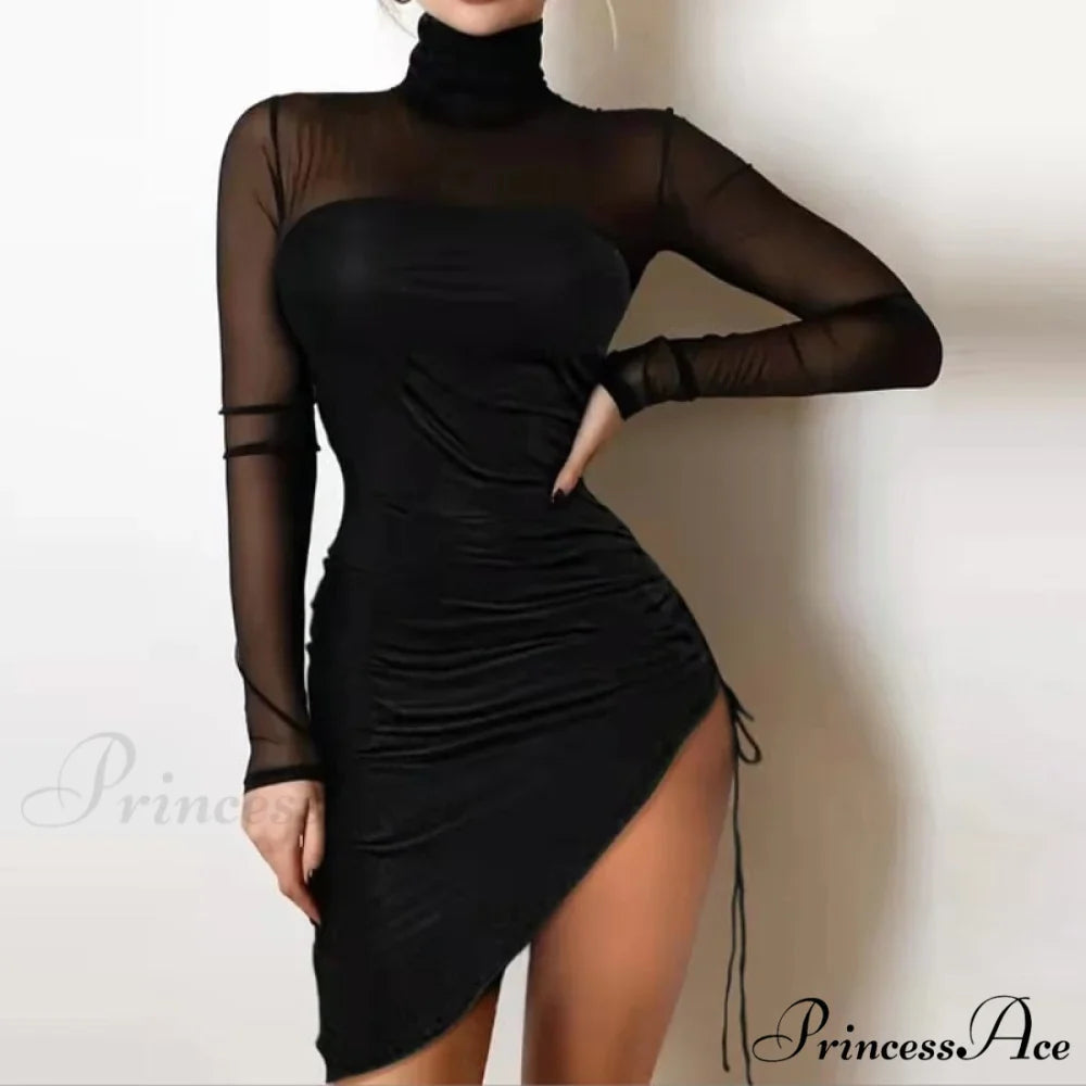 Shiny Silk Turtleneck Mesh Patchwork Long Sleeve A-line Dress