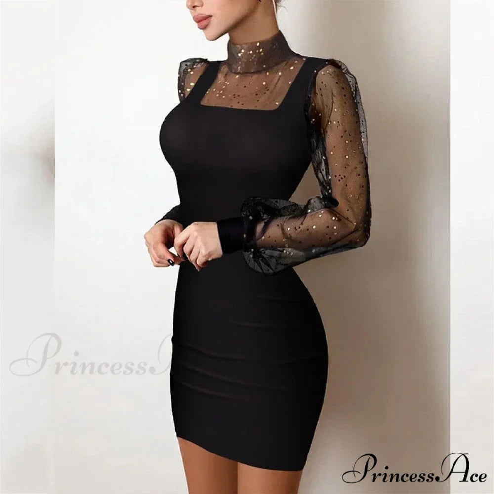 Shiny Silk Turtleneck Mesh Patchwork Long Sleeve A-line Dress