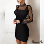 Shiny Silk Turtleneck Mesh Patchwork Long Sleeve A-line Dress
