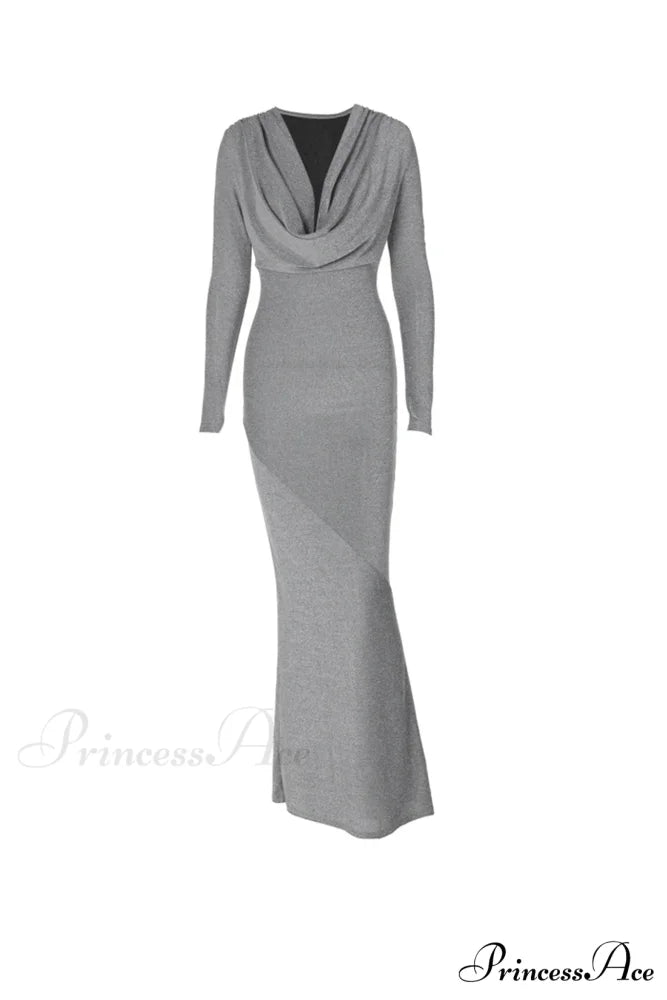 Shiny Silver Cowl Neck Silk Dress