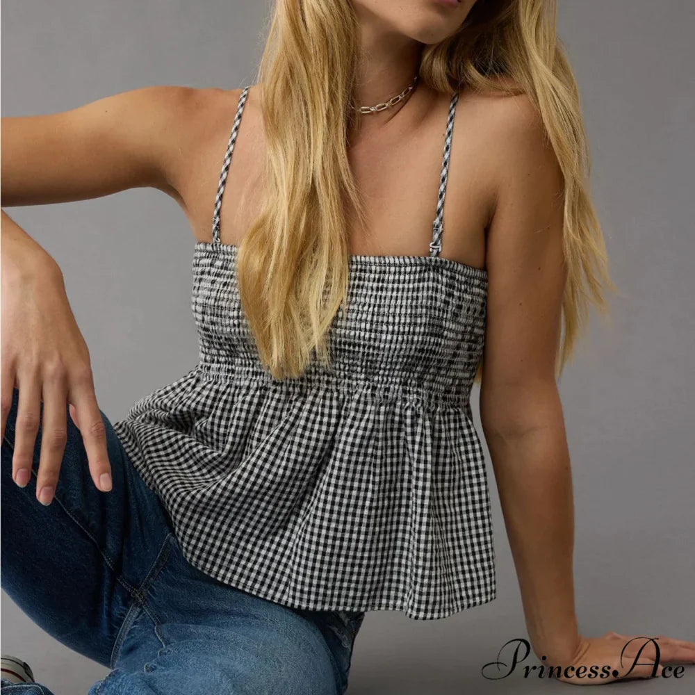 Shirred Checked Peplum Crop Top