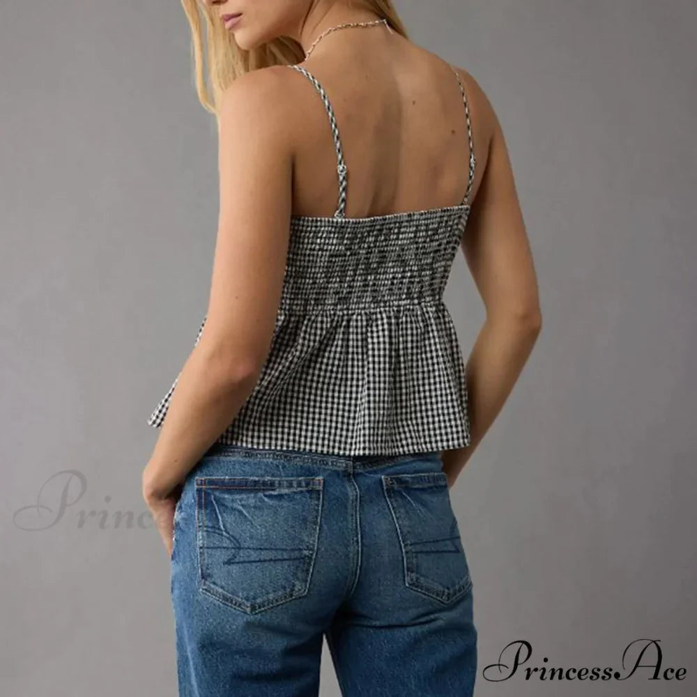 Shirred Checked Peplum Crop Top