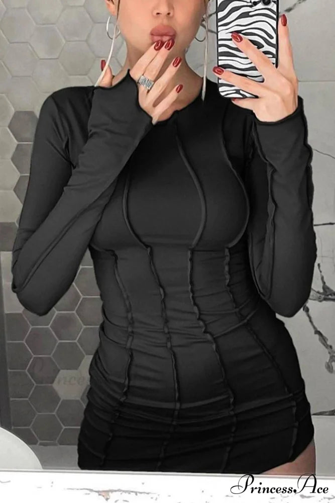 Shirred Long Sleeve Bodycon Mini Dress