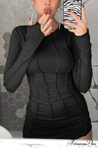 Shirred Long Sleeve Bodycon Mini Dress
