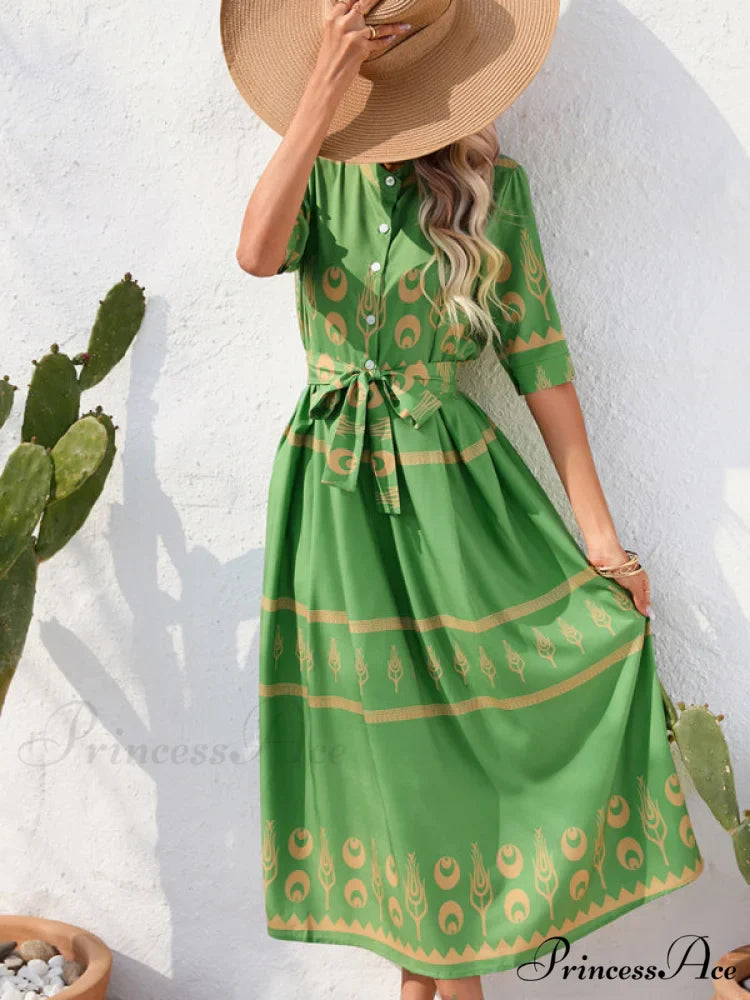 Shirred-waist Patterned Full-Length Crepe Gown for Three-quarter-sleeve Women