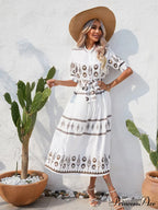 Shirred-waist Patterned Full-Length Crepe Gown for Three-quarter-sleeve Women