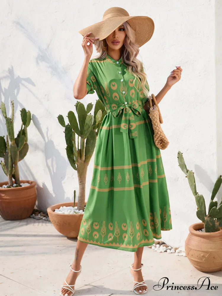 Shirred-waist Patterned Full-Length Crepe Gown for Three-quarter-sleeve Women