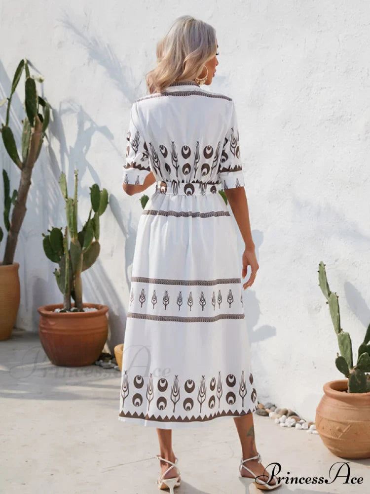 Shirred-waist Patterned Full-Length Crepe Gown for Three-quarter-sleeve Women