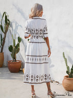 Shirred-waist Patterned Full-Length Crepe Gown for Three-quarter-sleeve Women