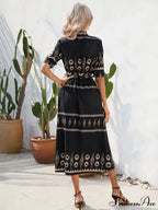 Shirred-waist Patterned Full-Length Crepe Gown for Three-quarter-sleeve Women