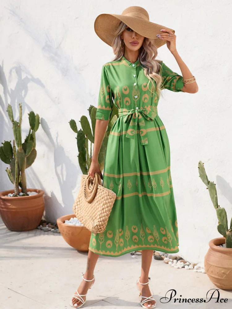 Shirred-waist Patterned Full-Length Crepe Gown for Three-quarter-sleeve Women