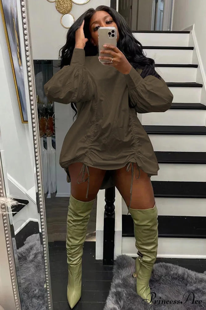 Shirring Shirt Dress with High Collar