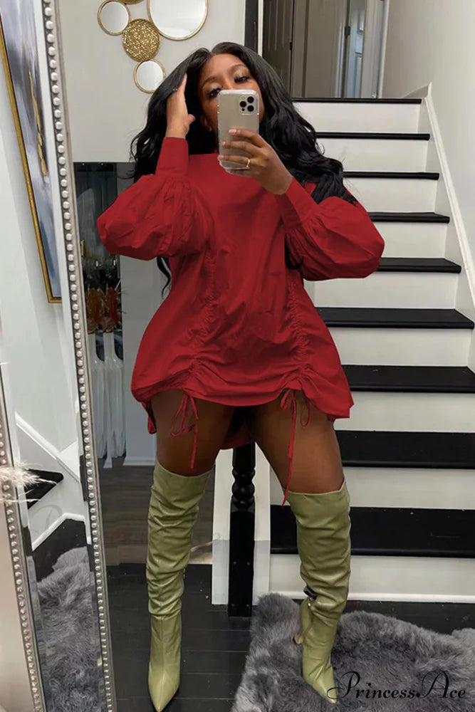 Shirring Shirt Dress with High Collar